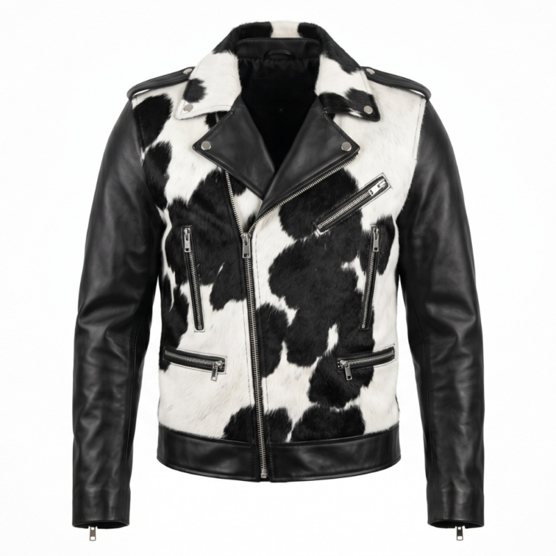 Black cowhide pony hair leather trucker jacket western style