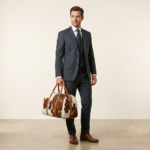 Brown cowhide pony hair leather duffel bag with model
