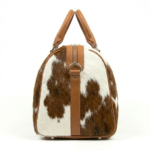 Brown cowhide pony hair leather duffel bag side view