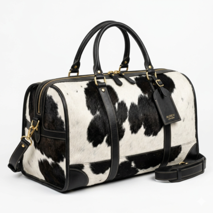Black cowhide pony hair leather duffel bag luxury travel main