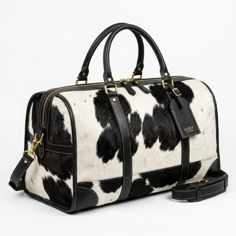 Black cowhide pony hair leather duffel bag luxury travel main