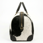 Black cowhide pony hair leather duffel bag luxury travel Side view