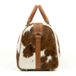 Brown cowhide pony hair leather duffel bag side view