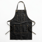 Black cowhide leather apron front view with gold accents