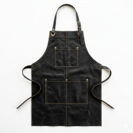 Black cowhide leather apron front view with gold accents