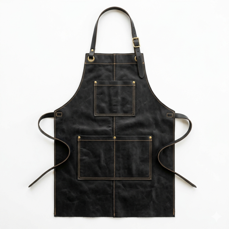 Black cowhide leather apron front view with gold accents