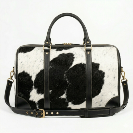 Black cowhide pony hair leather duffel bag luxury travel back side