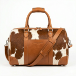 Brown cowhide pony hair leather duffel bag front view