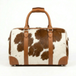 Brown cowhide pony hair leather duffel bag back view