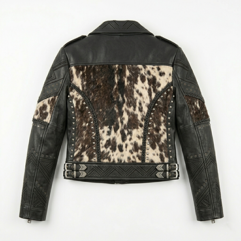 Women pony hair leather jacket back design