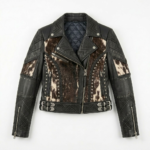 Women black pony hair leather biker jacket front view