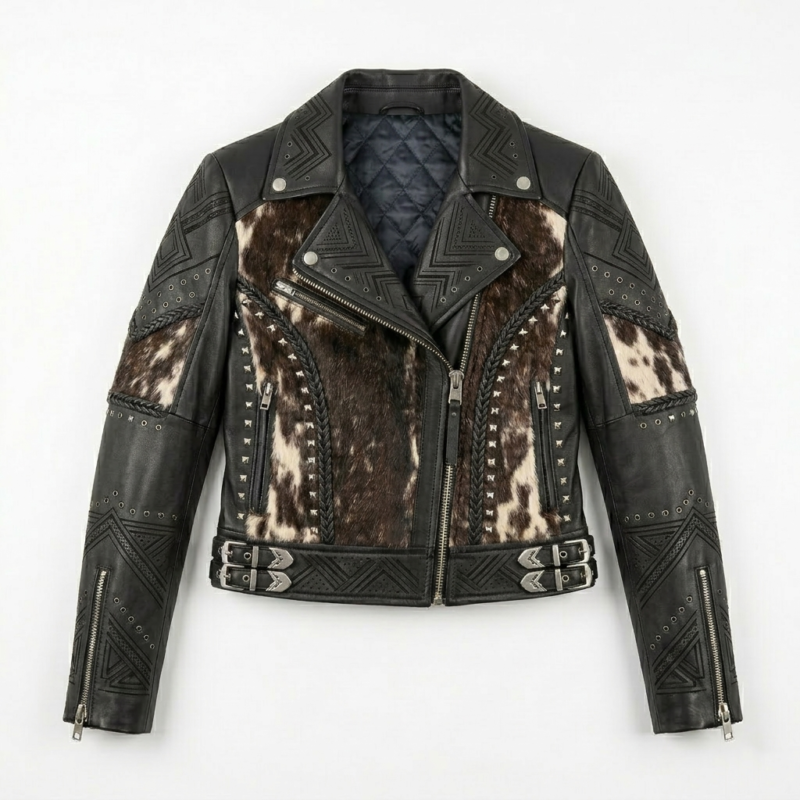 Women black pony hair leather biker jacket front view