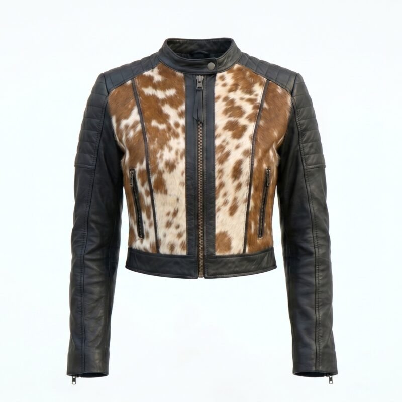Women Brown Pony Hair Leather Crop Top Jacket Western Cowboy Style Biker Fashion