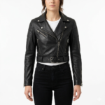 Women leather jacket trucker style for sale, purchase, buy black asymmetrical zip belted design. Elevate your look today