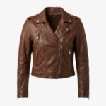 Women brown leather cropped biker jacket front view