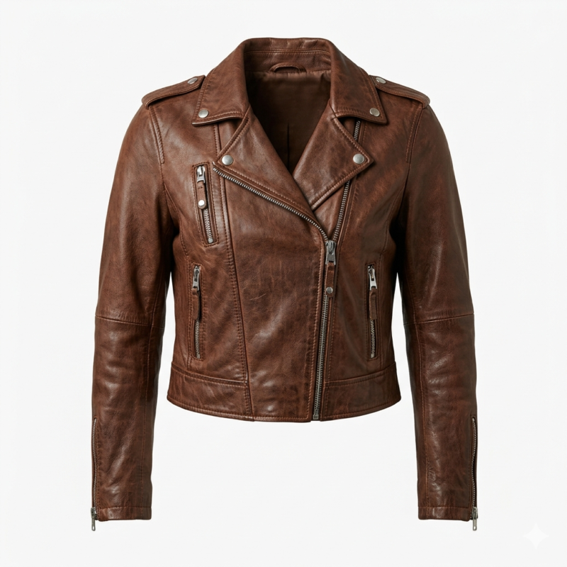 Women brown leather cropped biker jacket front view