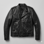 Men’s black leather biker jacket with asymmetrical zipper and belted waist