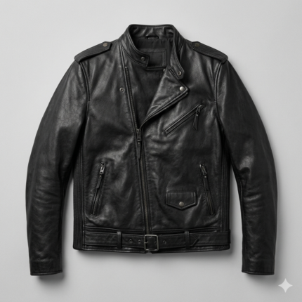 Men’s black leather biker jacket with asymmetrical zipper and belted waist