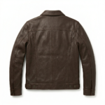 Men leather jacket trucker style for sale, purchase, buy premium brown design with classic fit. Upgrade your wardrobe today