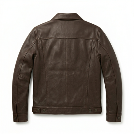 Men leather jacket trucker style for sale, purchase, buy premium brown design with classic fit. Upgrade your wardrobe today