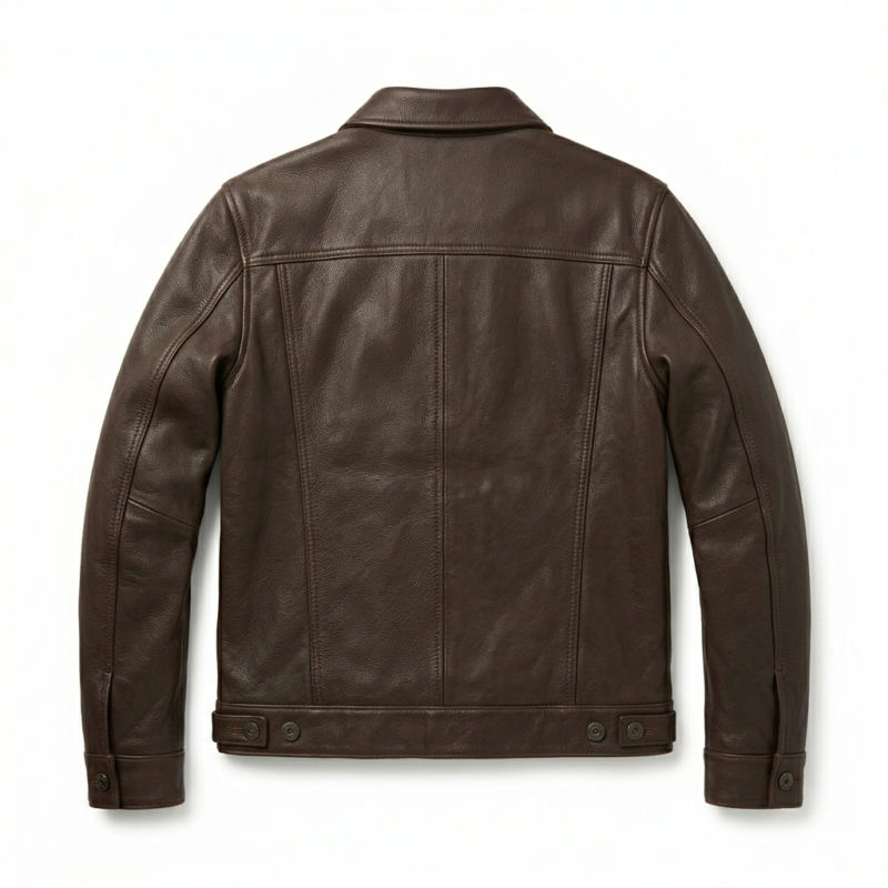 Men leather jacket trucker style for sale, purchase, buy premium brown design with classic fit. Upgrade your wardrobe today
