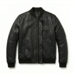 Men black leather jacket trucker style for sale, purchase, buy black ribbed collar design with modern fit. Order now for timeless style