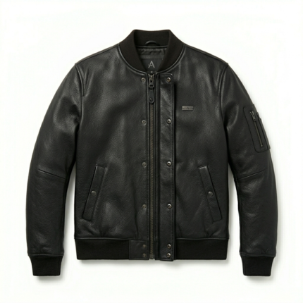 Men black leather jacket trucker style for sale, purchase, buy black ribbed collar design with modern fit. Order now for timeless style