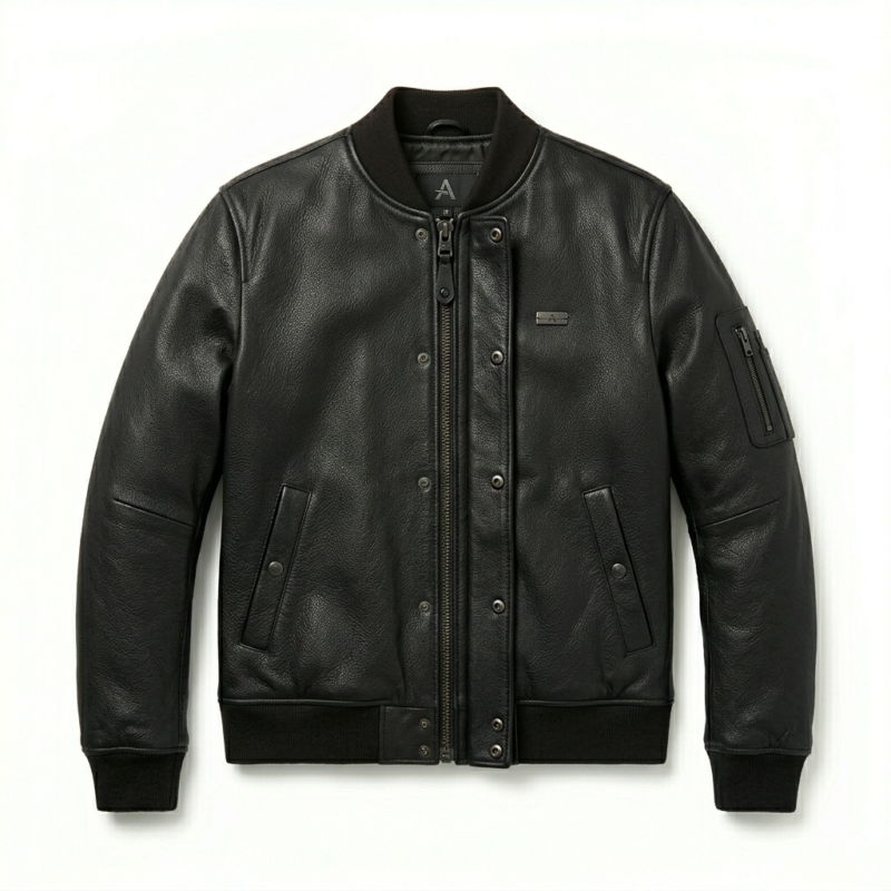 Men black leather jacket trucker style for sale, purchase, buy black ribbed collar design with modern fit. Order now for timeless style