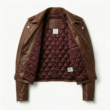 quilted lining inside brown leather biker jacket women