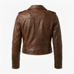 back view brown cropped leather biker jacket women