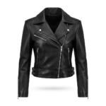 Women leather jacket crop trucker style for sale, purchase, buy black asymmetrical zip belted design. Elevate your look today