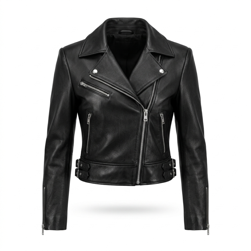 Women leather jacket crop trucker style for sale, purchase, buy black asymmetrical zip belted design. Elevate your look today