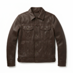 Men leather jacket trucker style for sale, purchase, buy premium brown design with classic fit. Upgrade your wardrobe today