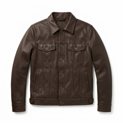 Men leather jacket trucker style for sale, purchase, buy premium brown design with classic fit. Upgrade your wardrobe today
