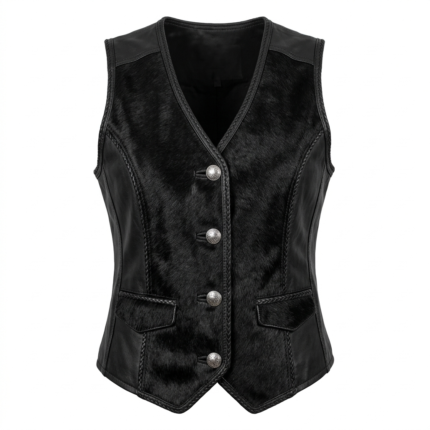 Women black pony hair leather vest front view