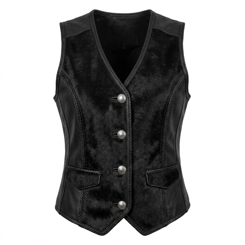 Women black pony hair leather vest front view
