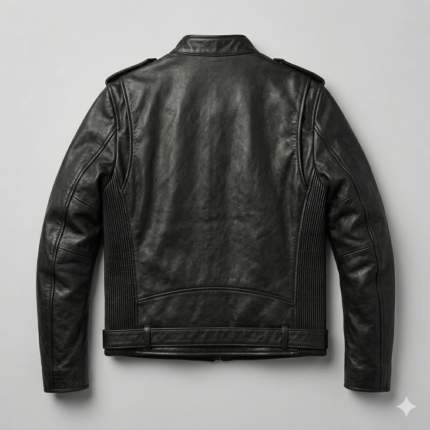 Back view of black genuine leather biker jacket for men