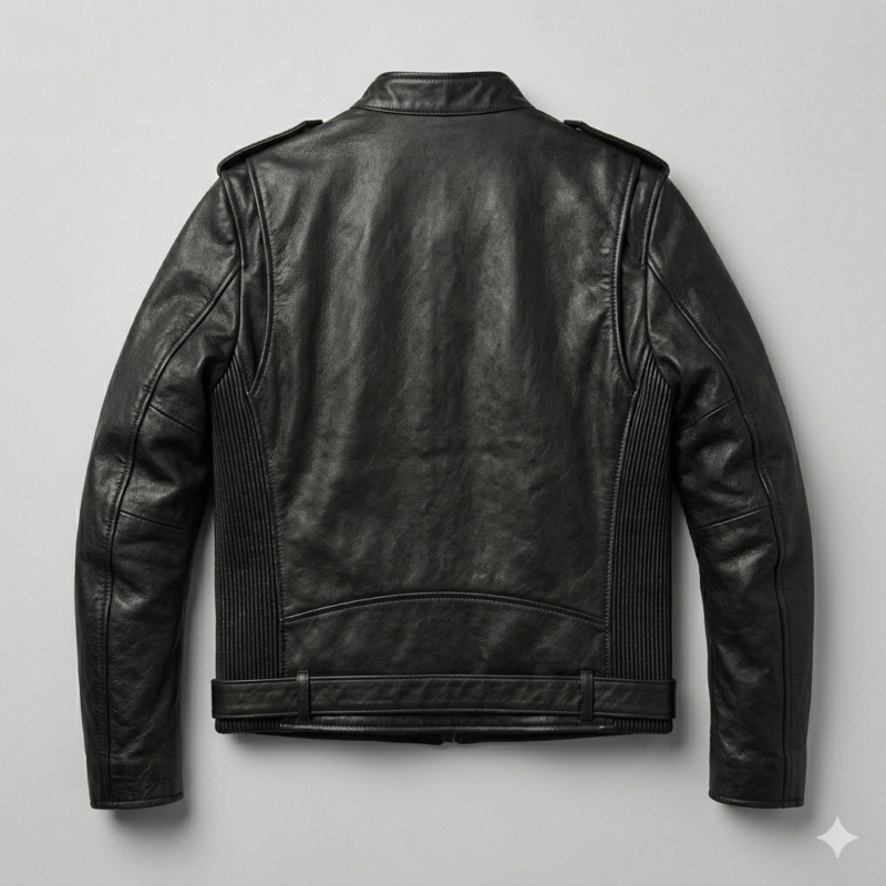 Back view of black genuine leather biker jacket for men