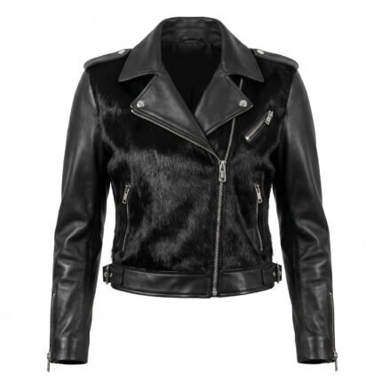 women black pony hair leather biker jacket front