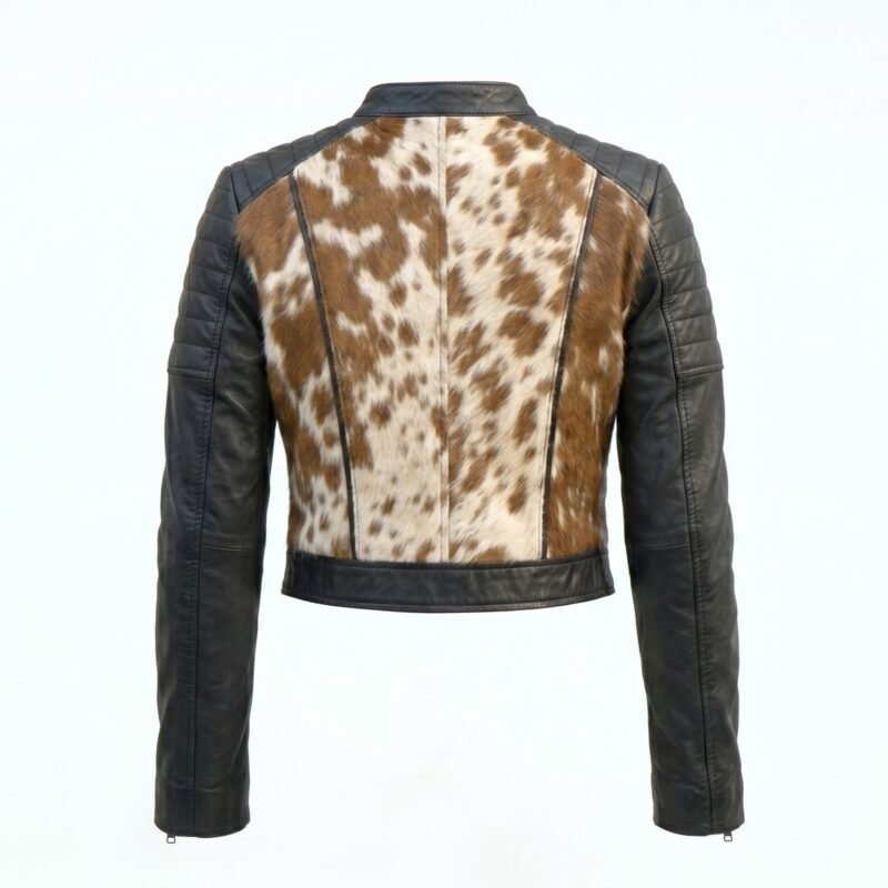Women Brown Pony Hair Leather Crop Top Jacket Western Cowboy Style Biker Fashion